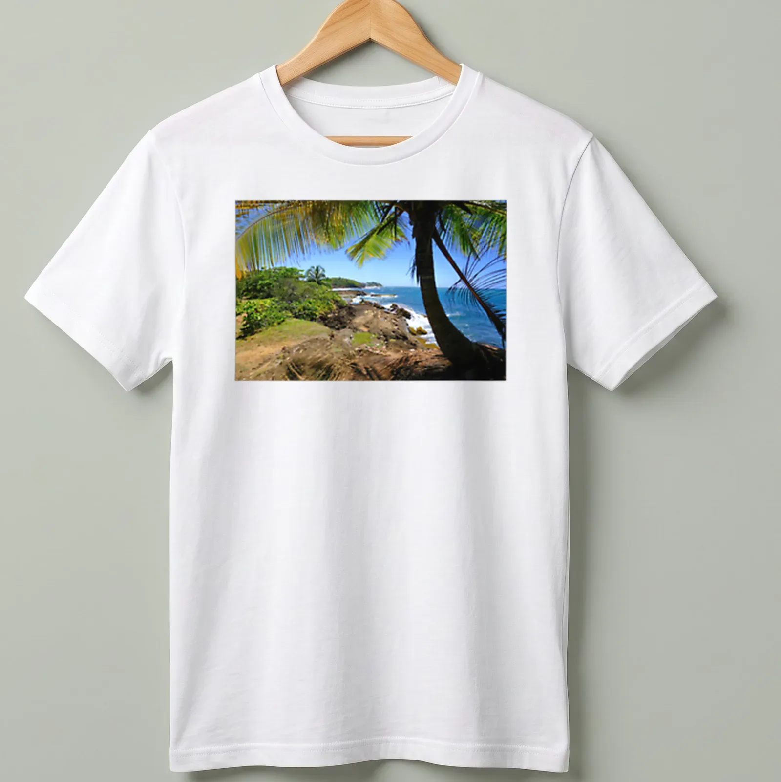Vivid tropical landscape featuring a beach in Dorado, Puerto Rico — printed on a unisex t-shirt