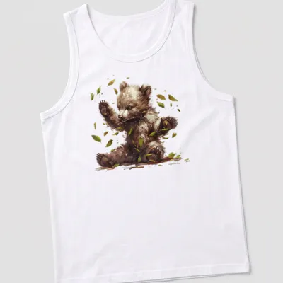 Watercolor illustration of a cute bear cub in a woodland setting — printed on a tank top
