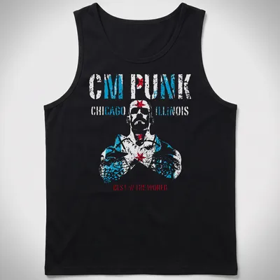 Vintage distressed CM Punk t-shirt featuring bold text in blue, red, and white. — printed on a tank top
