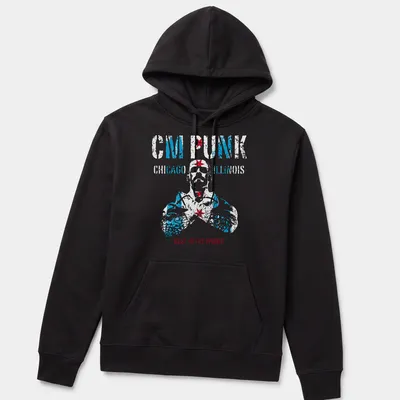 Vintage distressed CM Punk t-shirt featuring bold text in blue, red, and white. — printed on a unisex hoodie