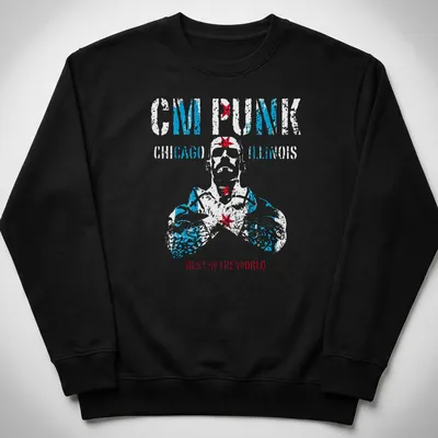 Vintage distressed CM Punk t-shirt featuring bold text in blue, red, and white. — printed on a unisex sweatshirt