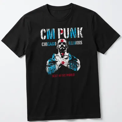 Vintage distressed CM Punk t-shirt featuring bold text in blue, red, and white. — printed on a unisex t-shirt
