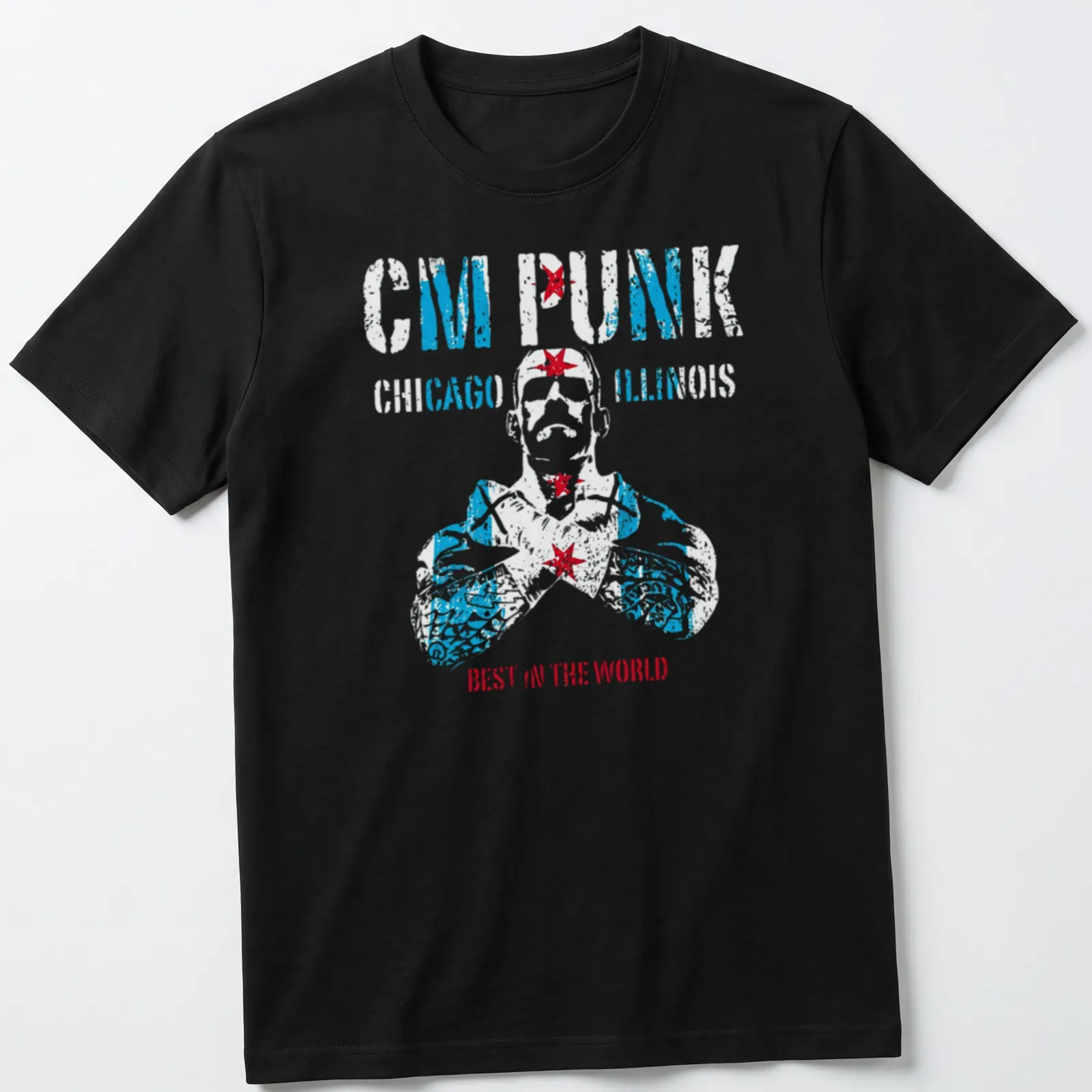 Vintage distressed CM Punk t-shirt featuring bold text in blue, red, and white. — printed on a unisex t-shirt
