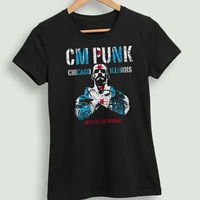 Vintage distressed CM Punk t-shirt featuring bold text in blue, red, and white. — printed on a women's shirt