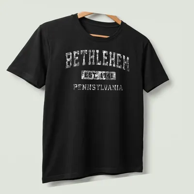 Vintage collegiate Bethlehem Established Pennsylvania T-shirt in black and white — printed on a unisex t-shirt (angled view)