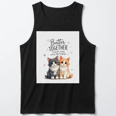 Kawaii illustration of cute cats with text Better Together Friends make every day brighter in vivid colors — printed on a tank top
