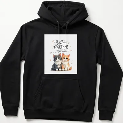 Kawaii illustration of cute cats with text Better Together Friends make every day brighter in vivid colors — printed on a unisex hoodie