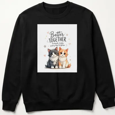 Kawaii illustration of cute cats with text Better Together Friends make every day brighter in vivid colors — printed on a unisex sweatshirt