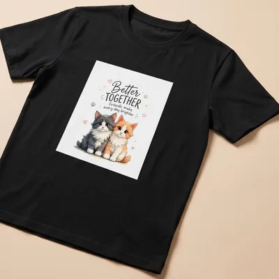 Kawaii illustration of cute cats with text Better Together Friends make every day brighter in vivid colors