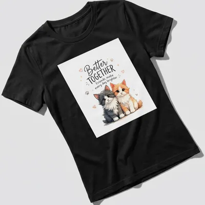 Kawaii illustration of cute cats with text Better Together Friends make every day brighter in vivid colors — printed on a women's shirt