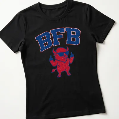 Retro distressed t-shirt with a buffalo giving the middle finger and BFB text — printed on a women's shirt