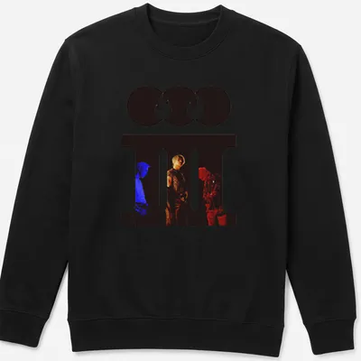 Modern graphic t-shirt featuring three figures and the phrase BIG BANG in bold colors. — printed on a unisex sweatshirt