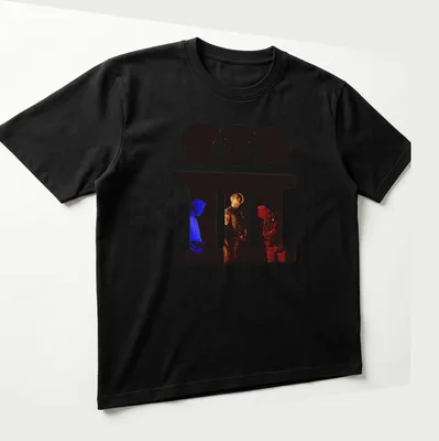 Modern graphic t-shirt featuring three figures and the phrase BIG BANG in bold colors. — printed on a unisex t-shirt (angled view)