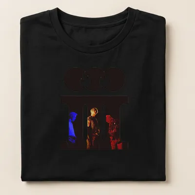 Modern graphic t-shirt featuring three figures and the phrase BIG BANG in bold colors. — printed on a women's shirt