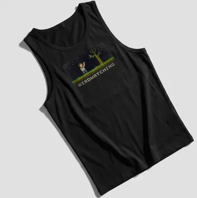 Retro pixel art of a bird watcher with binoculars and text reading Birdwatching — printed on a tank top