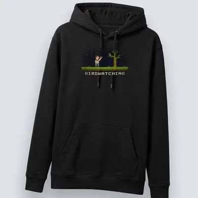 Retro pixel art of a bird watcher with binoculars and text reading Birdwatching — printed on a unisex hoodie
