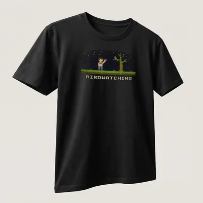 Retro pixel art of a bird watcher with binoculars and text reading Birdwatching — printed on a unisex t-shirt (angled view)