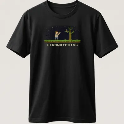 Retro pixel art of a bird watcher with binoculars and text reading Birdwatching