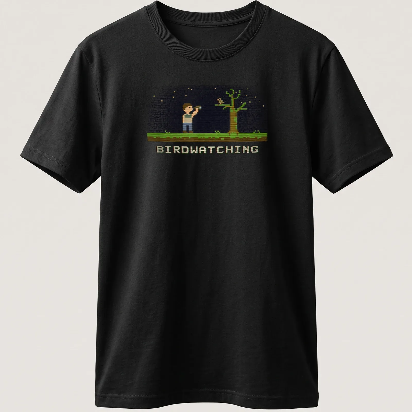 Retro pixel art of a bird watcher with binoculars and text reading Birdwatching — printed on a unisex t-shirt