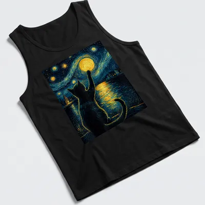 Illustration of a black cat admiring a starry night sky in post-impressionist style — printed on a tank top