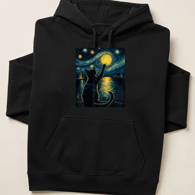 Illustration of a black cat admiring a starry night sky in post-impressionist style — printed on a unisex hoodie