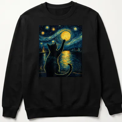 Illustration of a black cat admiring a starry night sky in post-impressionist style — printed on a unisex sweatshirt