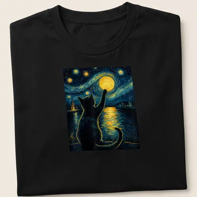 Illustration of a black cat admiring a starry night sky in post-impressionist style — printed on a unisex t-shirt
