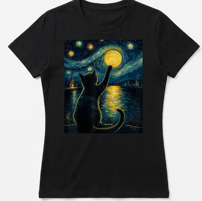 Illustration of a black cat admiring a starry night sky in post-impressionist style — printed on a women's shirt