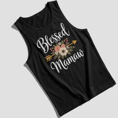 Floral design with arrow and text Blessed Mamaw in soft colors — printed on a tank top