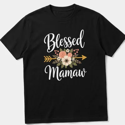 Floral design with arrow and text Blessed Mamaw in soft colors — printed on a unisex t-shirt