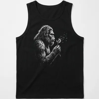 Vintage Bigfoot T-shirt with whimsical illustration of Sasquatch blowing dandelion seeds — printed on a tank top