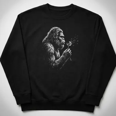 Vintage Bigfoot T-shirt with whimsical illustration of Sasquatch blowing dandelion seeds — printed on a unisex sweatshirt