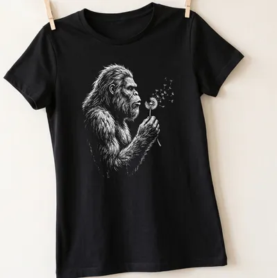 Vintage Bigfoot T-shirt with whimsical illustration of Sasquatch blowing dandelion seeds — printed on a women's shirt