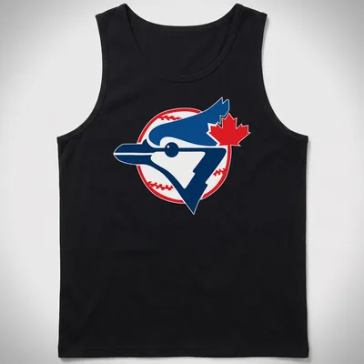 Bold graphic t-shirt featuring a blue jay bird with baseball elements — printed on a tank top