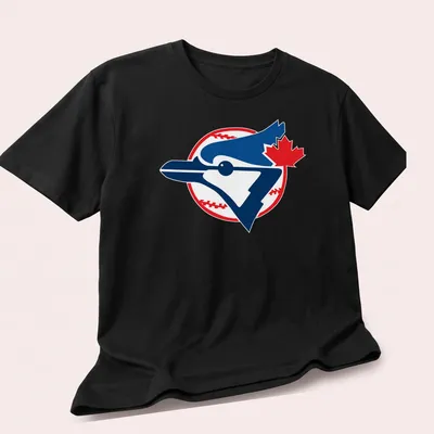 Bold graphic t-shirt featuring a blue jay bird with baseball elements — printed on a unisex t-shirt (angled view)