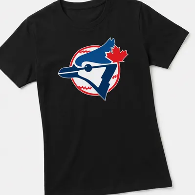 Bold graphic t-shirt featuring a blue jay bird with baseball elements — printed on a women's shirt
