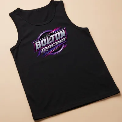 BOLTON RACING t-shirt featuring a bold racing logo design in purple, black, silver, and white — printed on a tank top