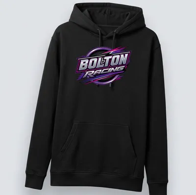 BOLTON RACING t-shirt featuring a bold racing logo design in purple, black, silver, and white — printed on a unisex hoodie
