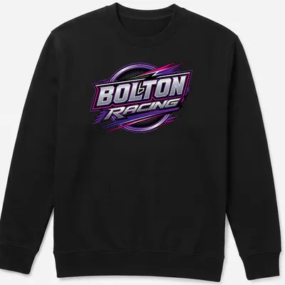 BOLTON RACING t-shirt featuring a bold racing logo design in purple, black, silver, and white — printed on a unisex sweatshirt
