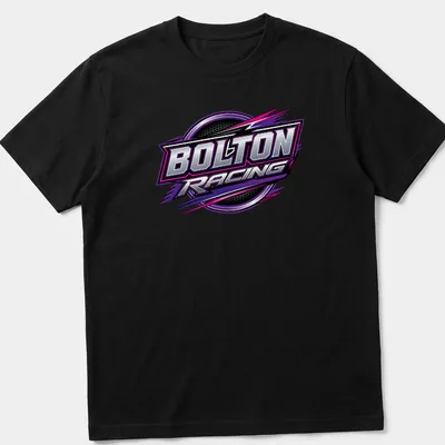 BOLTON RACING t-shirt featuring a bold racing logo design in purple, black, silver, and white — printed on a unisex t-shirt