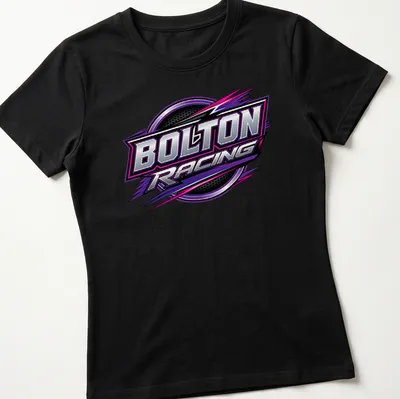 BOLTON RACING t-shirt featuring a bold racing logo design in purple, black, silver, and white — printed on a women's shirt