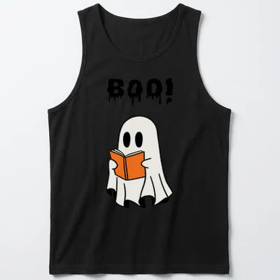 Cartoon ghost holding an orange book with the word Boo! above it — printed on a tank top