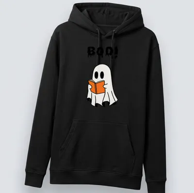 Cartoon ghost holding an orange book with the word Boo! above it — printed on a unisex hoodie