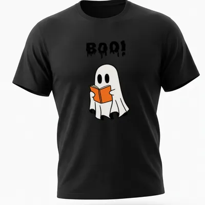 Cartoon ghost holding an orange book with the word Boo! above it — printed on a unisex t-shirt