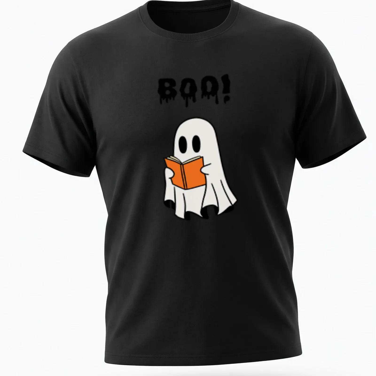 Cartoon ghost holding an orange book with the word Boo! above it — printed on a unisex t-shirt