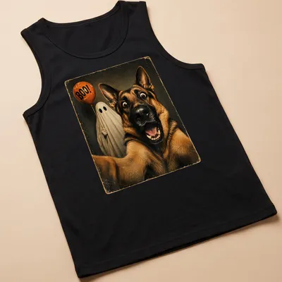 Vintage Halloween shirt featuring a German Shepherd and the text Boo! — printed on a tank top