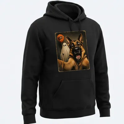 Vintage Halloween shirt featuring a German Shepherd and the text Boo! — printed on a unisex hoodie