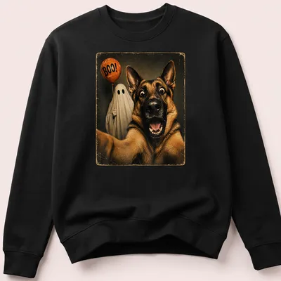 Vintage Halloween shirt featuring a German Shepherd and the text Boo! — printed on a unisex sweatshirt