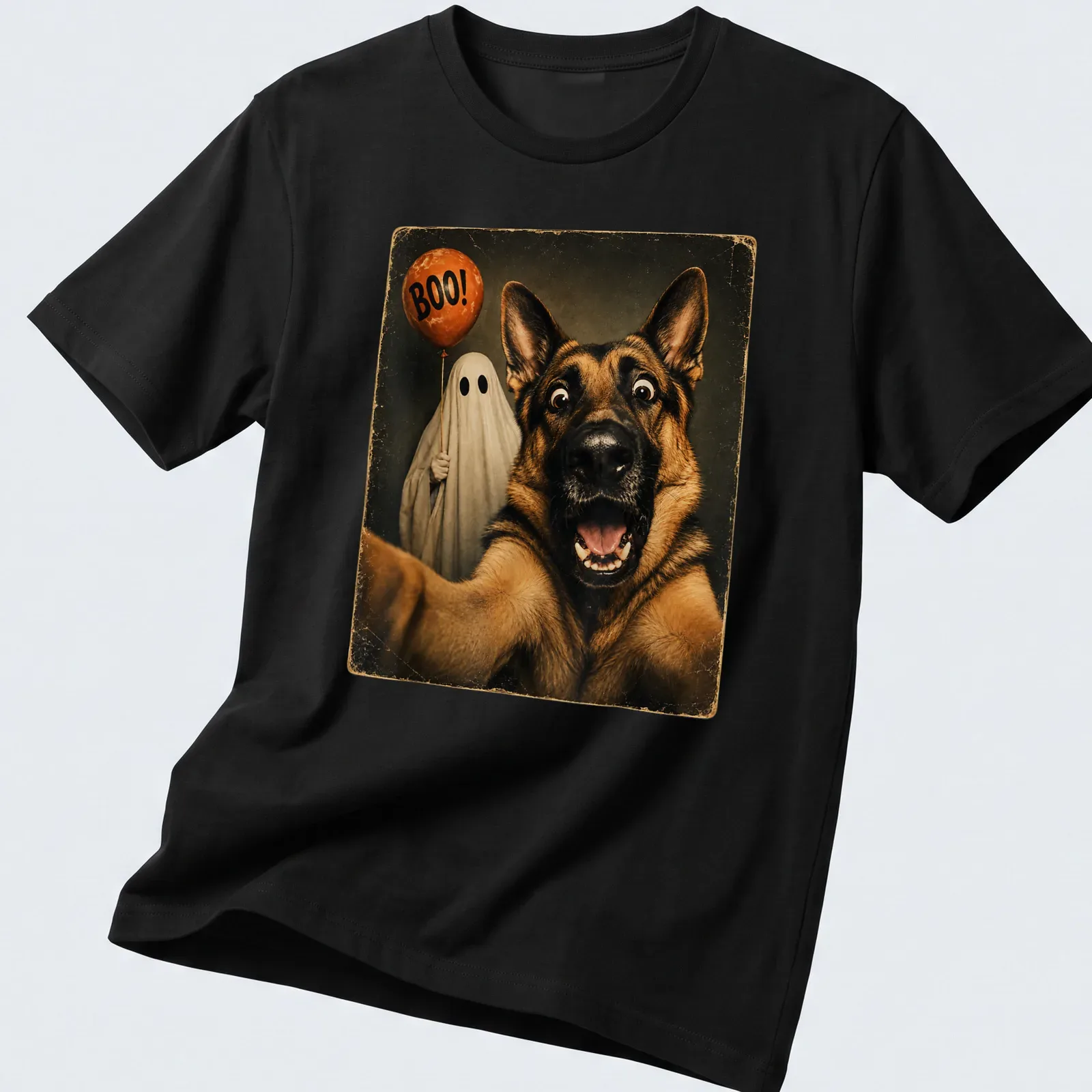 Vintage Halloween shirt featuring a German Shepherd and the text Boo! — printed on a unisex t-shirt