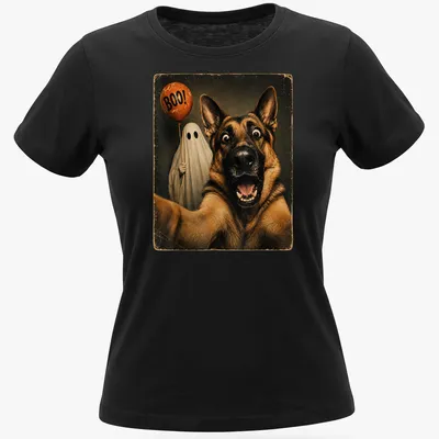 Vintage Halloween shirt featuring a German Shepherd and the text Boo! — printed on a women's shirt